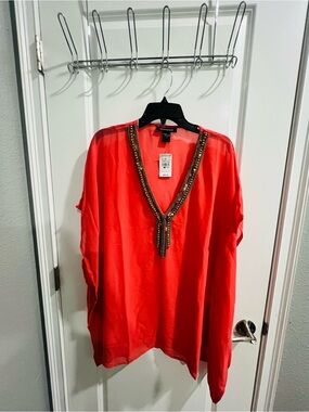 Beaded V-Neck Women's Top - Bright Coral